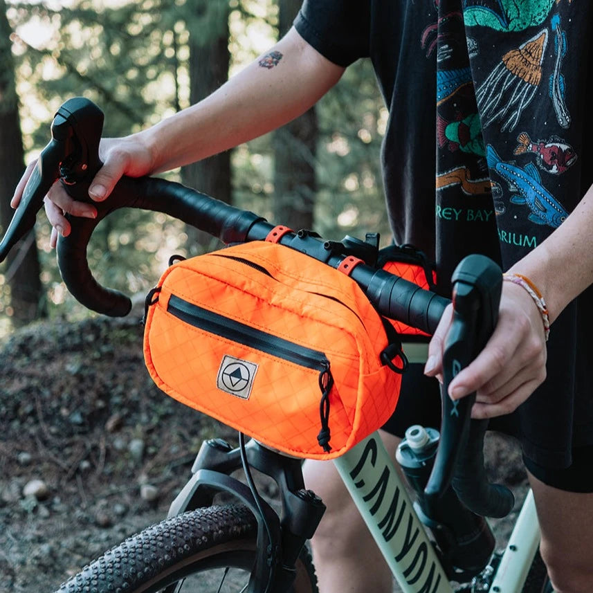 Detail shot of Handlebar Pack mounted to bike - North St Bags all-groups