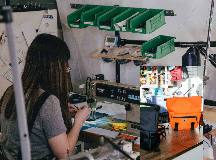 North St staff worker using a sewing machine to make bags