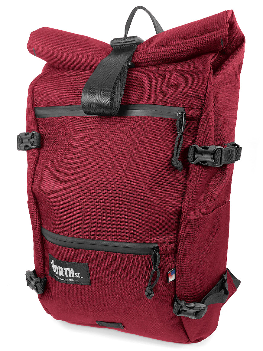 Front view of Flanders Backpack in burgundy - North St Bags