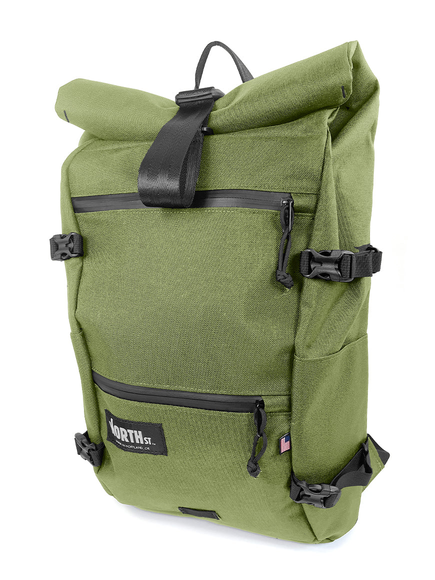 Front view of Flanders Backpack in moss - North St Bags