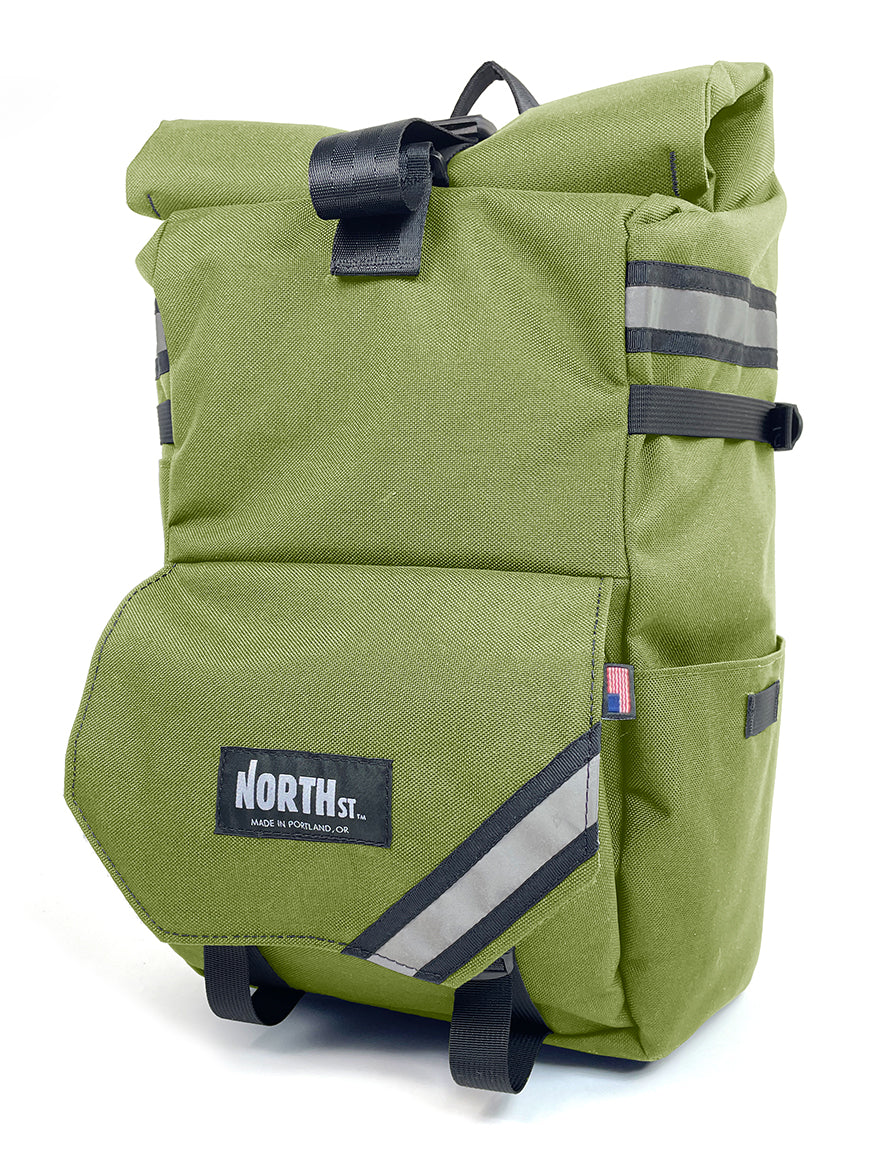 Front view of Woodward Backpack Pannier in moss green - North St Bags