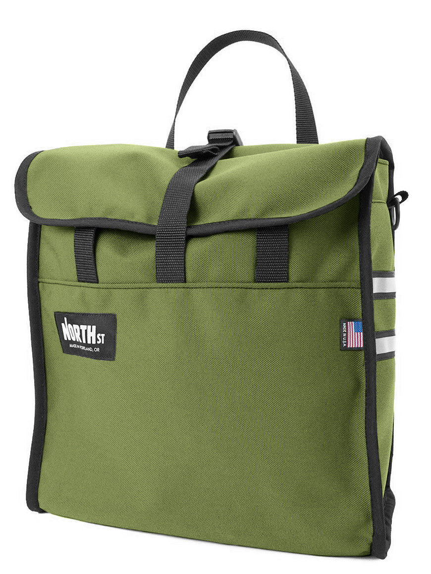 Front view of grocery pannier in moss - North St. Bags