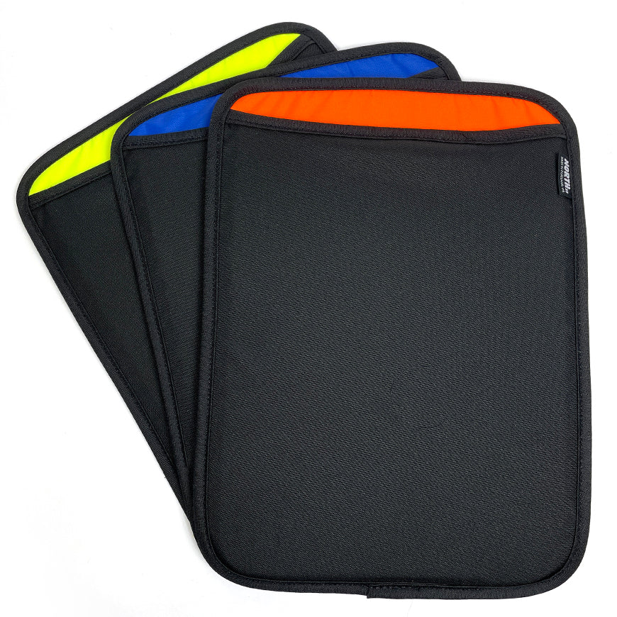 Hook and Loop Laptop Sleeve shown in orange, blue and yellow. - North St Bags all-groups