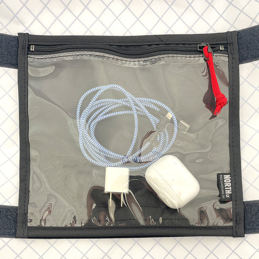 Large Vinyl Pocket installed on liner with charger items. - North St Bags