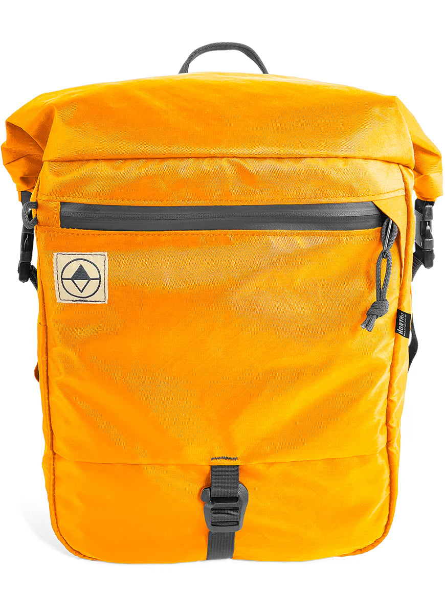 Front view of Adventure Macro Pannier in blaze orange - North St Bags