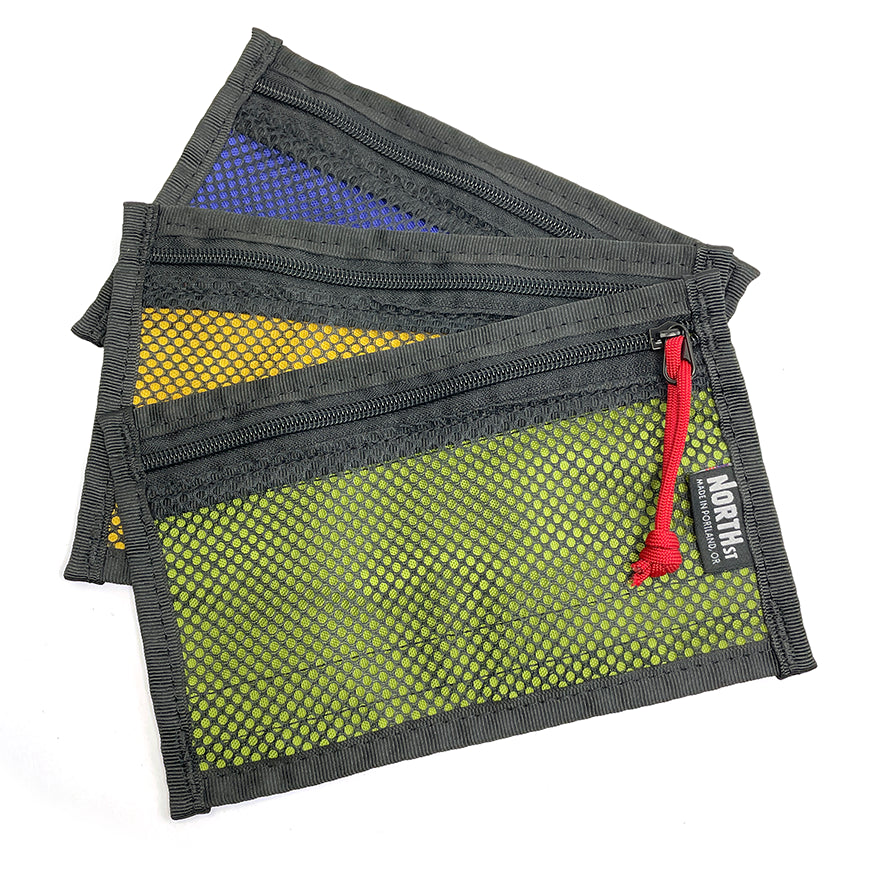 Array of regular size Shortstack Mesh Pocket in green, yellow and blue.  - North St Bags all-groups