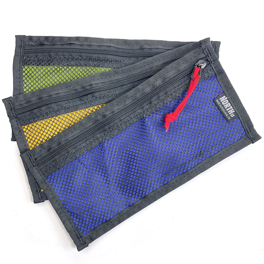 Array of Shortstack Mesh Pocket in blue, yellow and green. - North St Bags all-groups