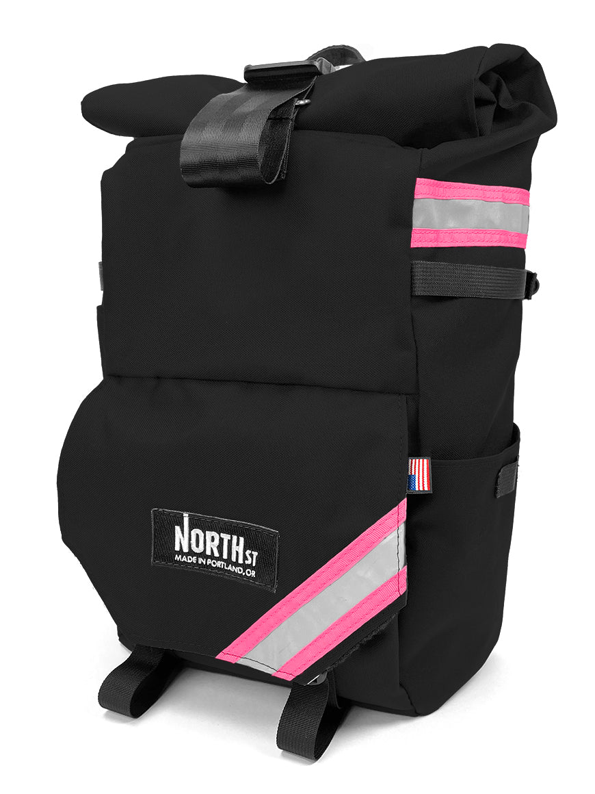 front view of woodward backpack pannier in black and pink - North St Bags