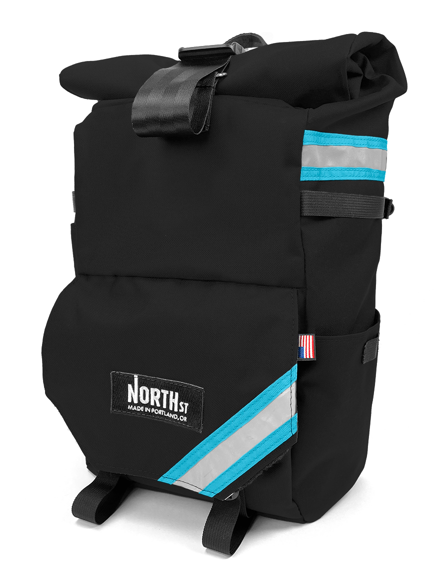 front view of woodward backpack pannier in black and blue - North St Bags