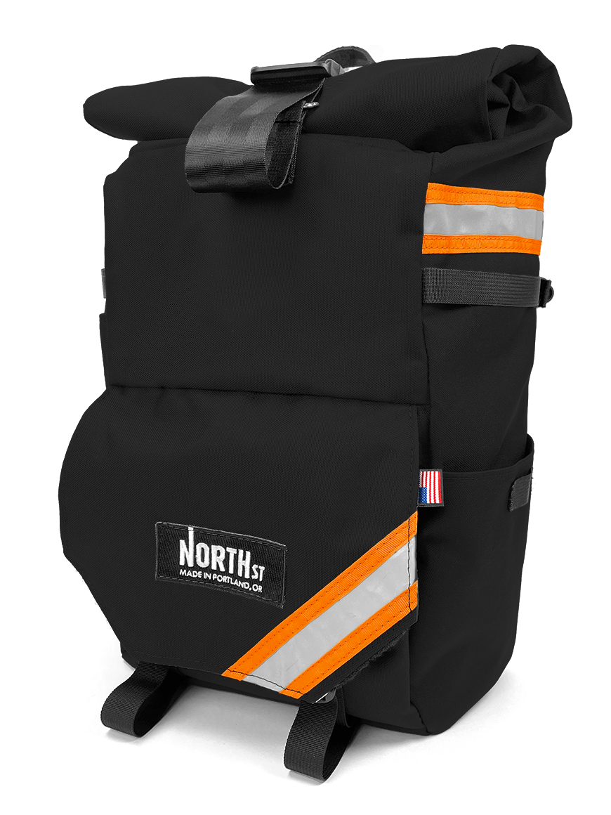 front view of woodward backpack pannier in black and orange - North St Bags