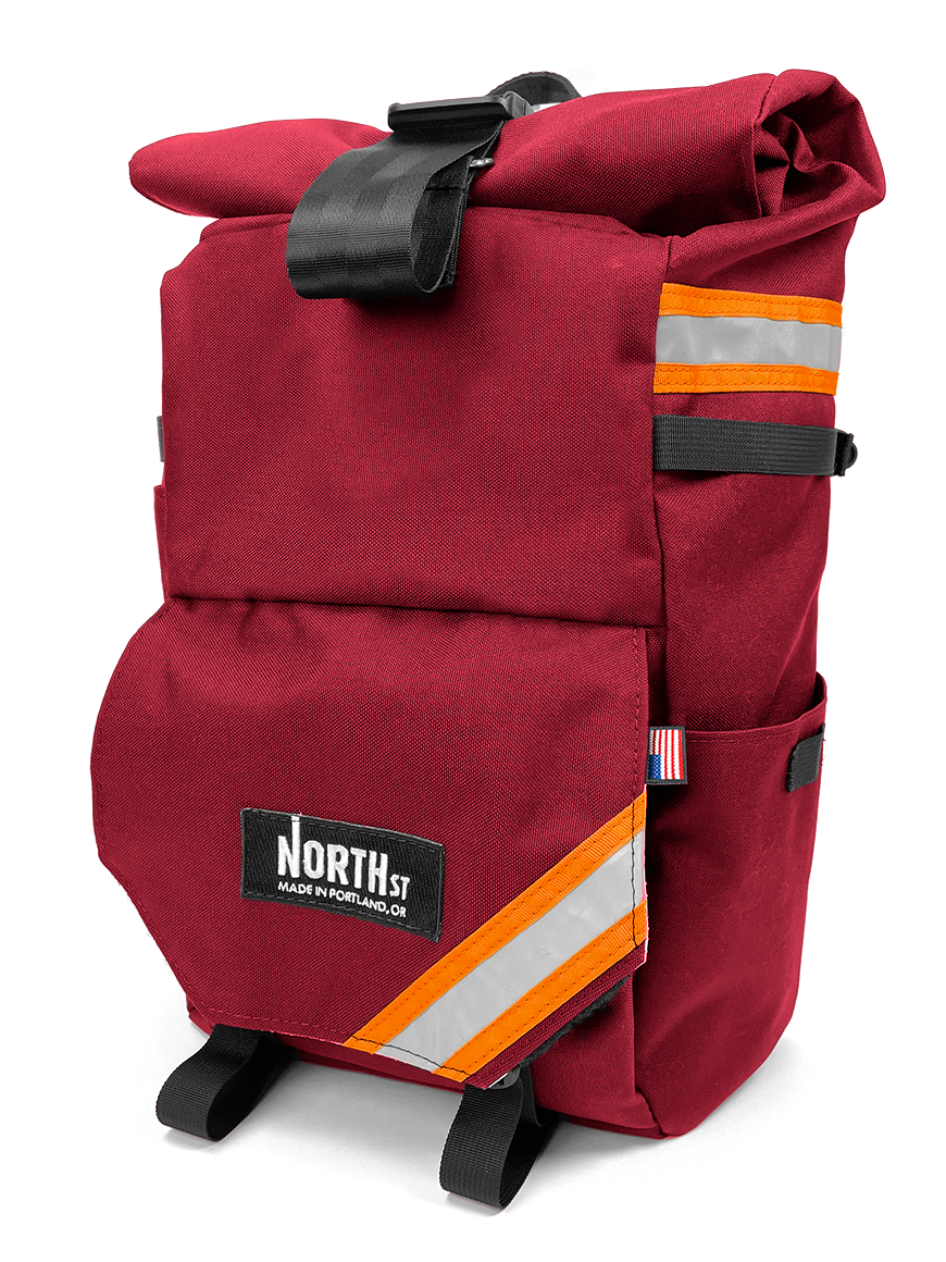 front view of woodward backpack pannier in burgundy and orange - North St Bags