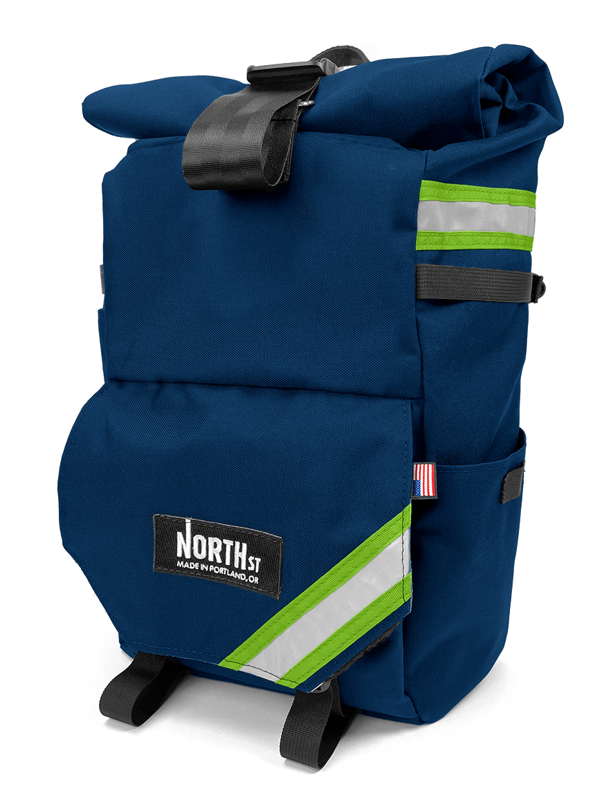 front view of woodward backpack pannier in midnight blue and green - North St Bags