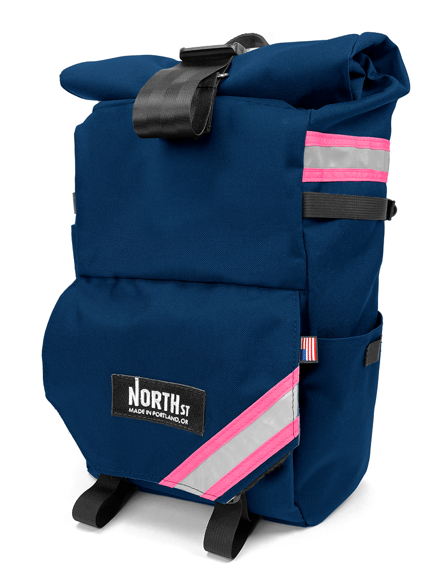 front view of woodward backpack pannier in midnight blue and pink - North St Bags